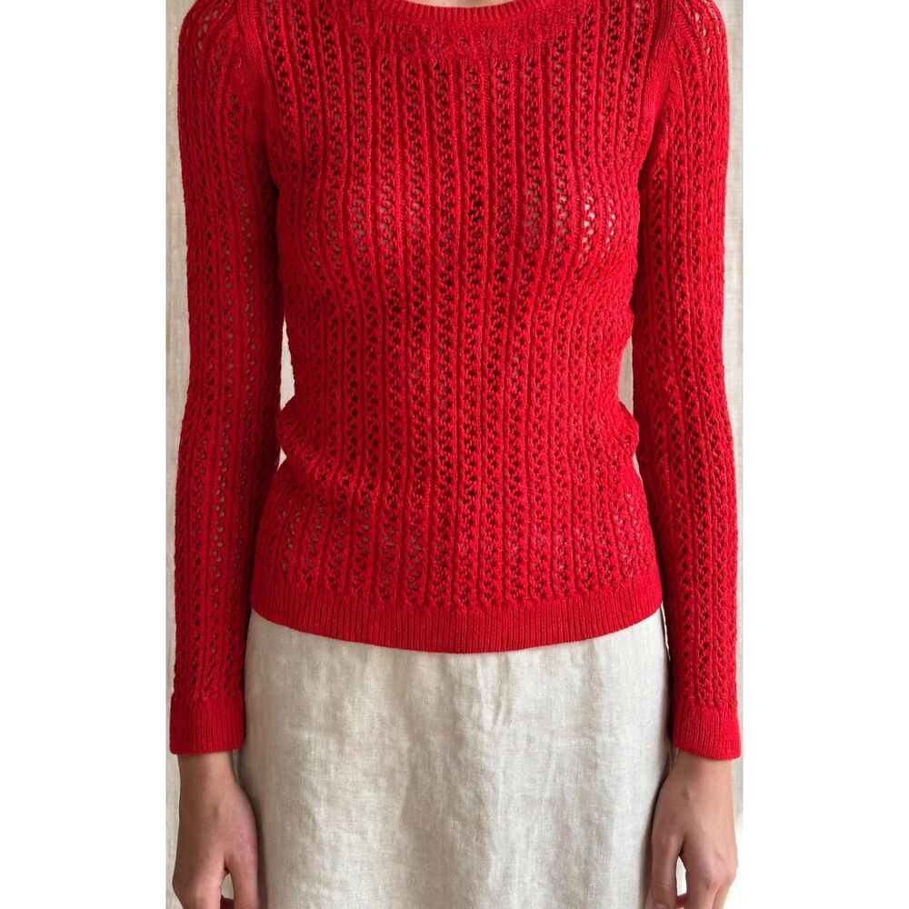 ana Red Crochet Knit Sweater Pointelle Long Sleeve Crew Neck Pullover Size M